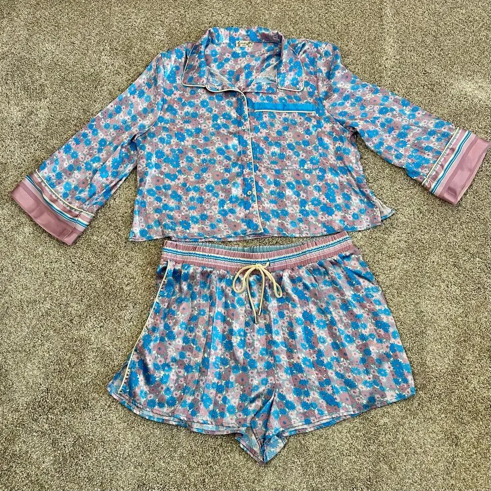 Intimately Free People Pillow Talk Satin Short Pajama Set Large EUC Loungewear